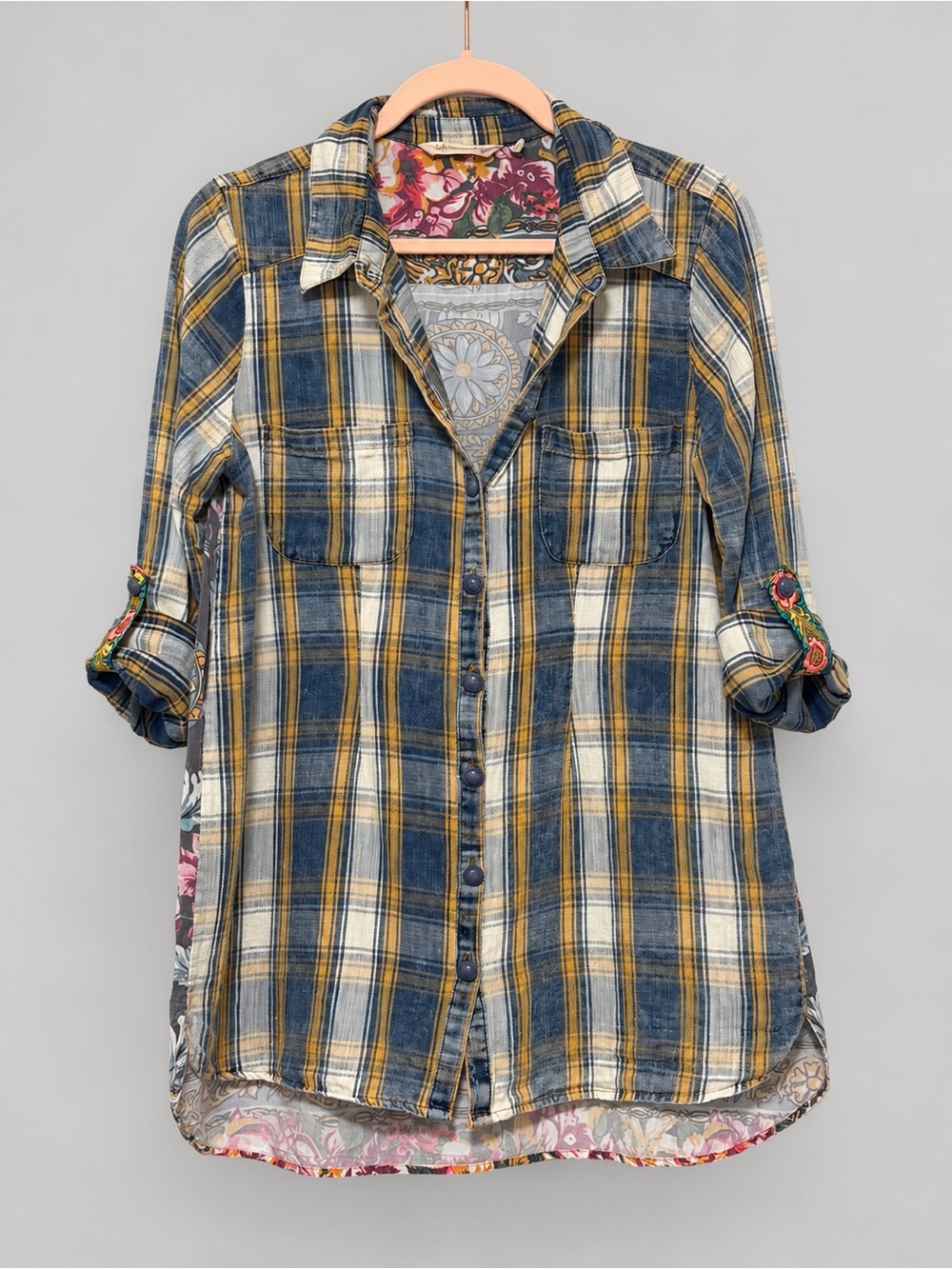 Soft Surroundings Plaid Floral Back Button Down Shirt Small Boho